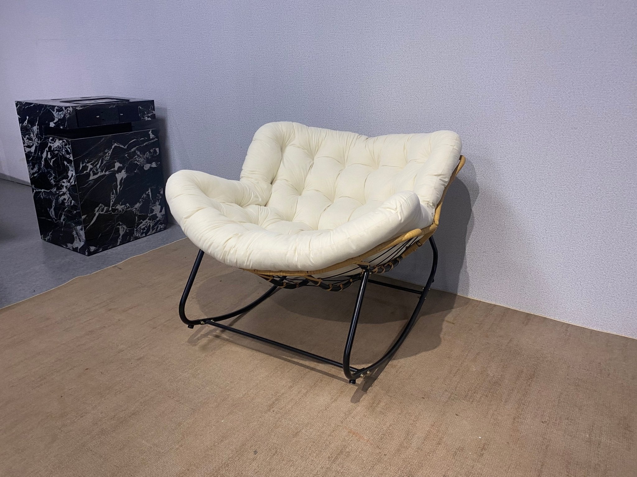 Antique Rocking Chair with Velvet Cushion – 330LBS Capacity | PE Rattan & Steel Frame – Beige, Dark Gray, Black, White - with Cozy Rocking Chair for Two – Beige | Sold by Uncle Wiener's Wholesale