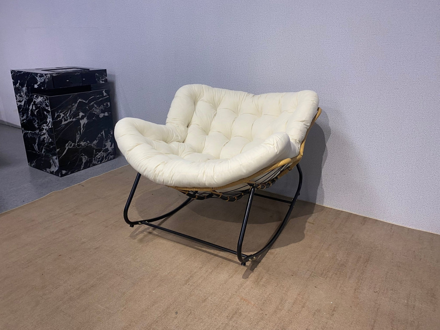 Antique Rocking Chair with Velvet Cushion – 330LBS Capacity | PE Rattan & Steel Frame – Beige, Dark Gray, Black, White - with Cozy Rocking Chair for Two – Beige | Sold by Uncle Wiener's Wholesale