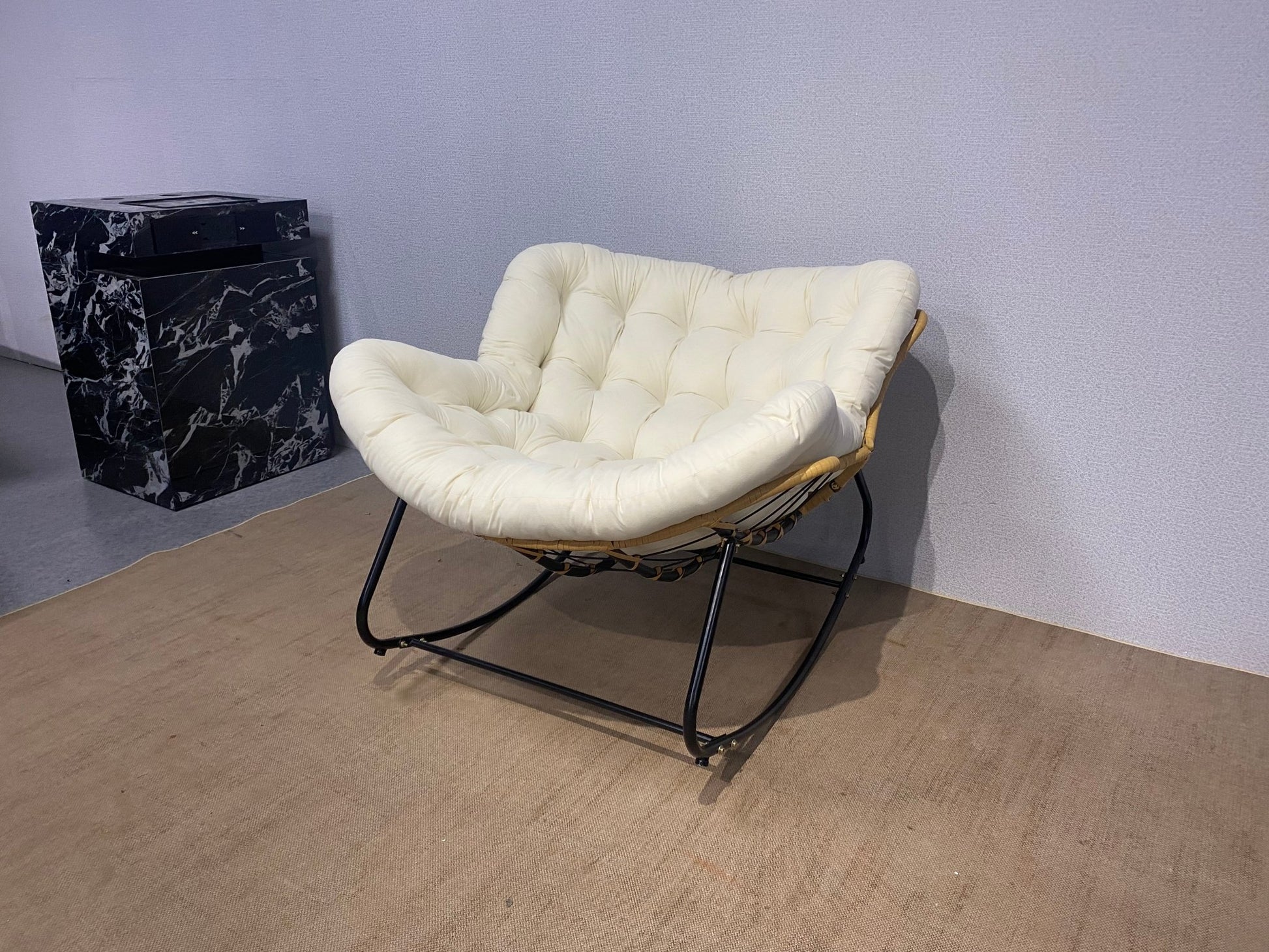 Antique Rocking Chair with Velvet Cushion – 330LBS Capacity | PE Rattan & Steel Frame – Beige, Dark Gray, Black, White - with Cozy Rocking Chair for Two – Beige | Sold by Uncle Wiener's Wholesale