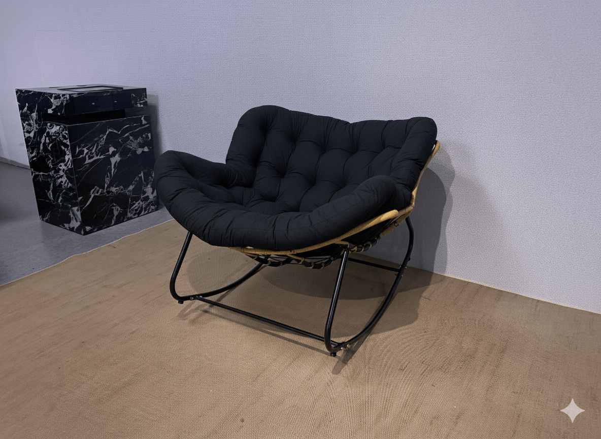 Antique Rocking Chair with Velvet Cushion – 330LBS Capacity | PE Rattan & Steel Frame – Beige, Dark Gray, Black, White - with Cozy Rocking Chair for Two – Black | Sold by Uncle Wiener's Wholesale