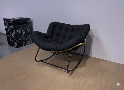Antique Rocking Chair with Velvet Cushion – 330LBS Capacity | PE Rattan & Steel Frame – Beige, Dark Gray, Black, White - with Cozy Rocking Chair for Two – Black | Sold by Uncle Wiener's Wholesale