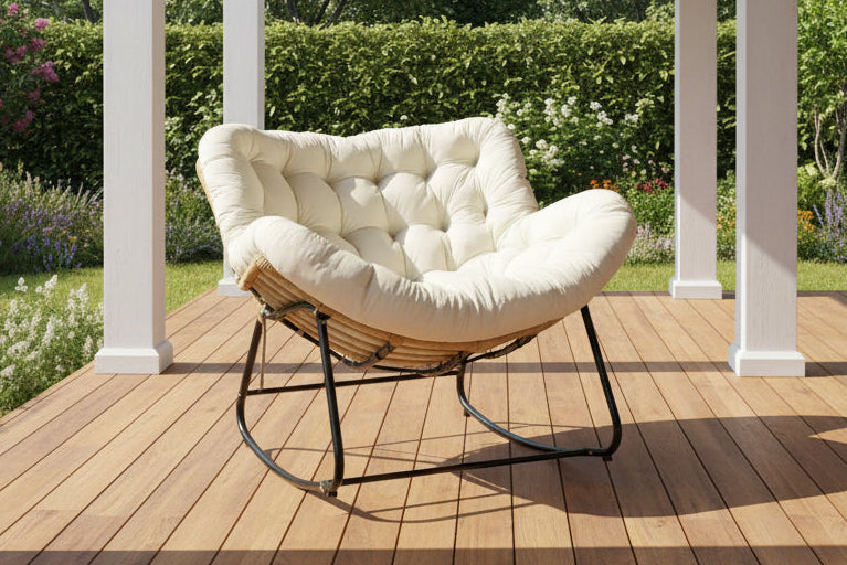 Antique Rocking Chair with Velvet Cushion – 330LBS Capacity | PE Rattan & Steel Frame – Beige, Dark Gray, Black, White - with Cozy Rocking Chair for Two – Beige | Sold by Uncle Wiener's Wholesale