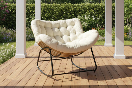 Antique Rocking Chair with Velvet Cushion – 330LBS Capacity | PE Rattan & Steel Frame – Beige, Dark Gray, Black, White - with Cozy Rocking Chair for Two – Beige | Sold by Uncle Wiener's Wholesale