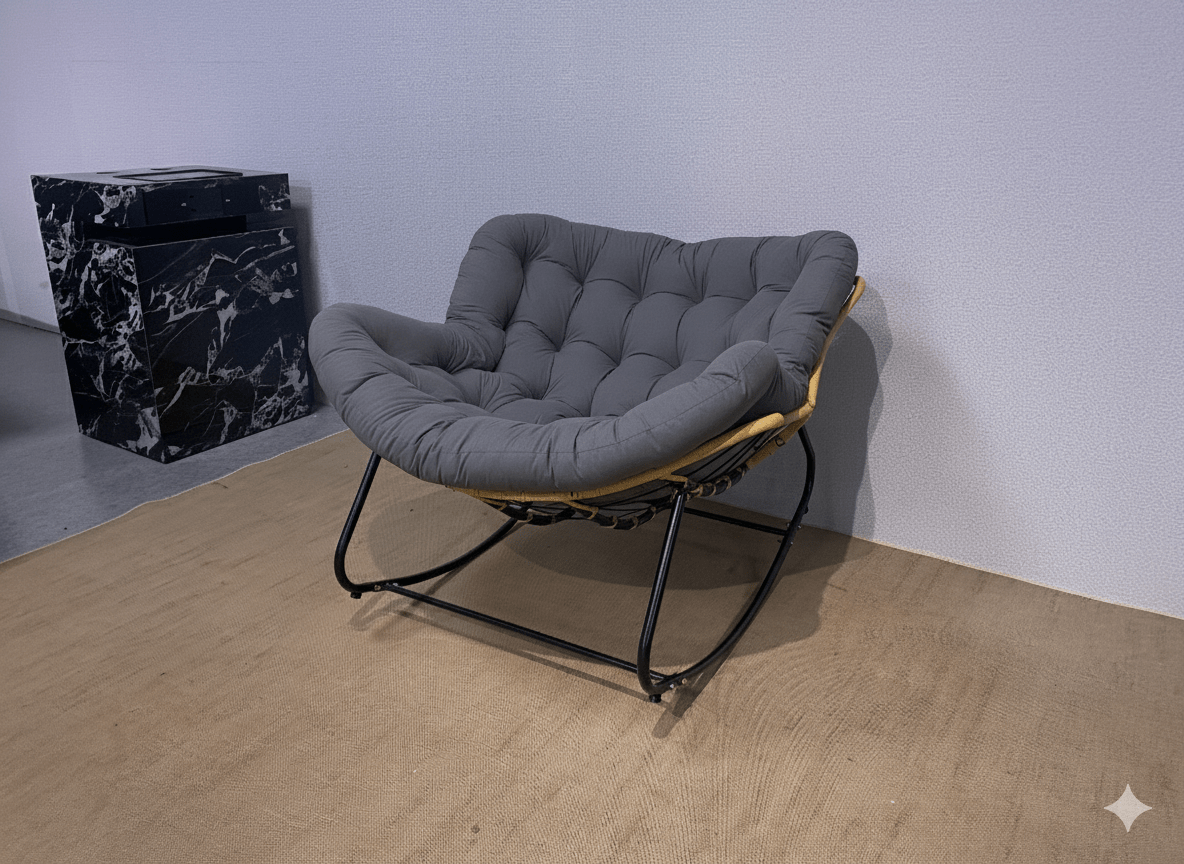 Antique Rocking Chair with Velvet Cushion – 330LBS Capacity | PE Rattan & Steel Frame – Beige, Dark Gray, Black, White - with Cozy Rocking Chair for Two – Dark Gray | Sold by Uncle Wiener's Wholesale