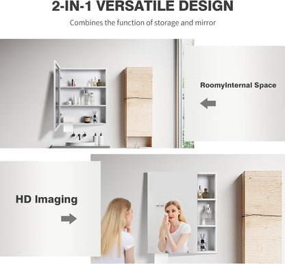 White wall-mounted aluminum bathroom mirror cabinet with shelves and towel holder – ANTIS’S HOME