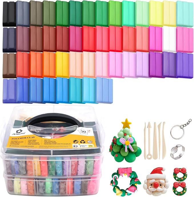Artecho Polymer Clay Kit – 50 Colours Oven-Bake Modelling Clay with Sculpting Tools, Storage Case & Jewellery-Making Accessories - Toys with | Sold by Uncle Wiener's Wholesale