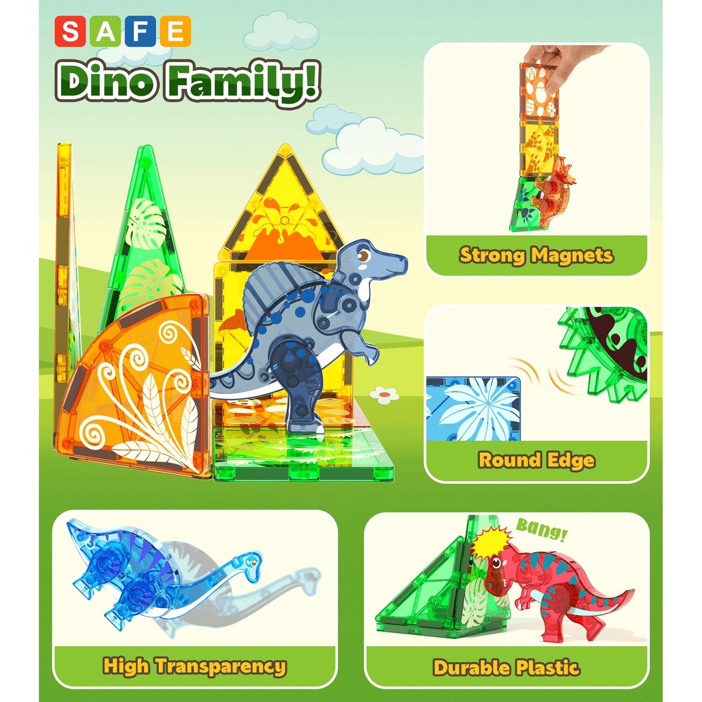 Asago Dinosaur Magnetic Tiles 65-Piece Building Set – STEM Magnetic Construction Blocks with 5 Dinosaur Figures for Kids - Toys with | Sold by Uncle Wiener's Wholesale