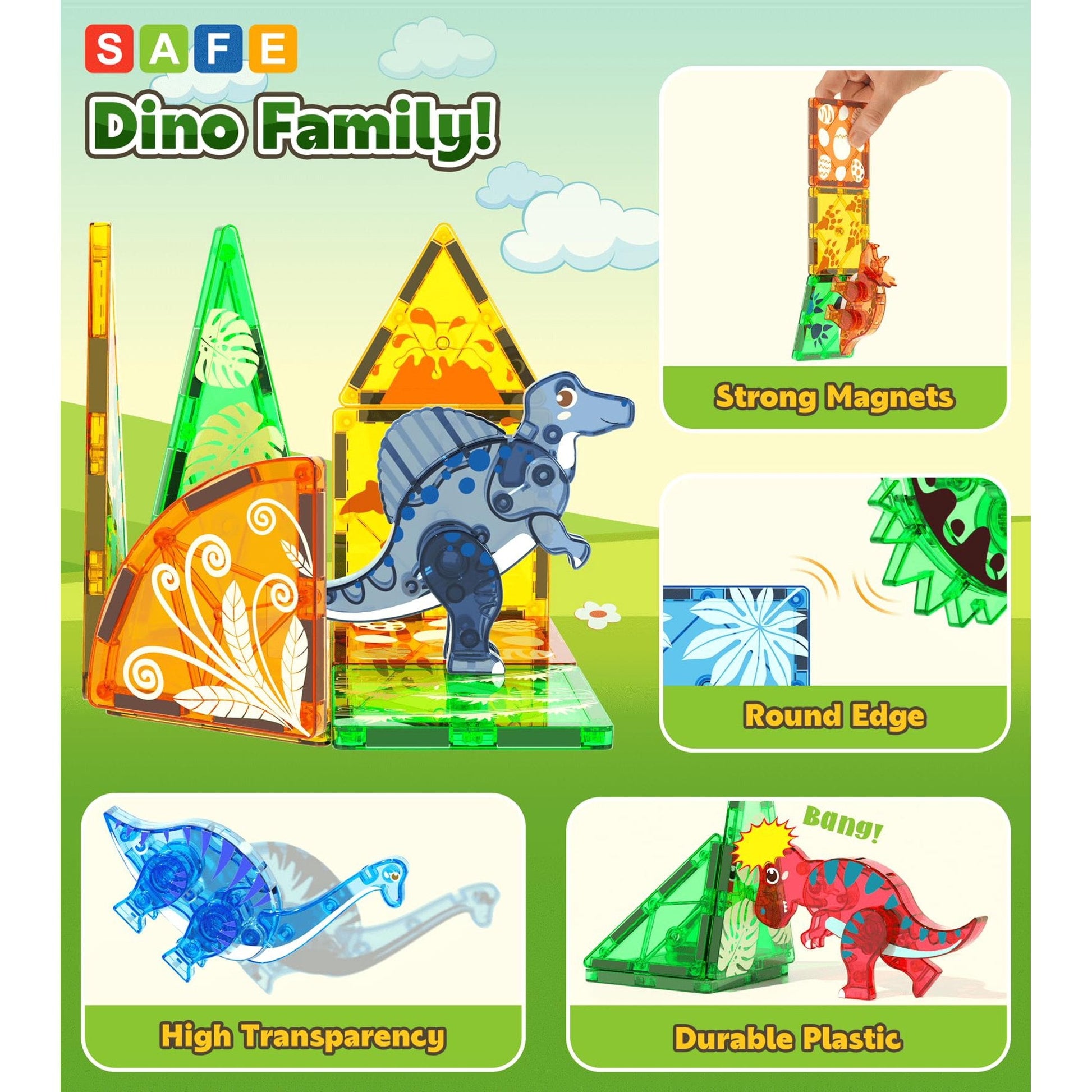 Asago Dinosaur Magnetic Tiles 65-Piece Building Set – STEM Magnetic Construction Blocks with 5 Dinosaur Figures for Kids - Toys with | Sold by Uncle Wiener's Wholesale