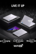 Moonlight White ASUS Zephyrus G14 gaming laptop with accessories