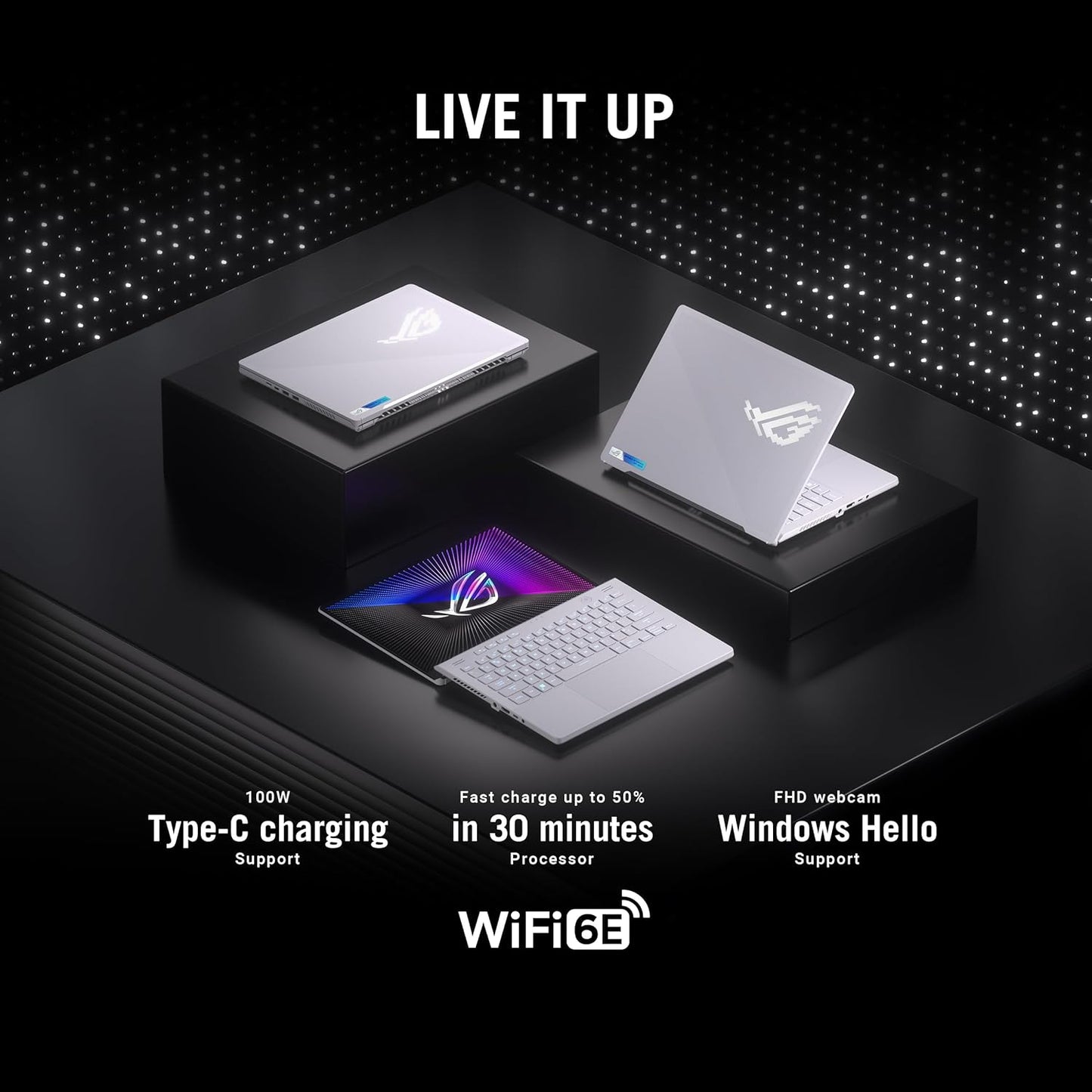 Moonlight White ASUS Zephyrus G14 gaming laptop with accessories