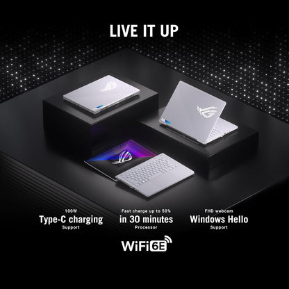 Moonlight White ASUS Zephyrus G14 gaming laptop with accessories