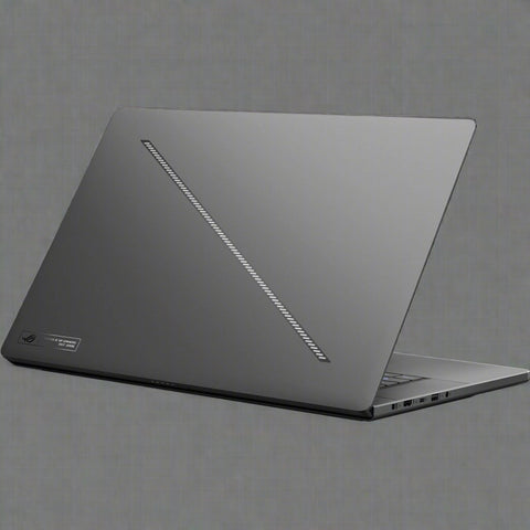 ASUS ROG Zephyrus G16 Laptop with RGB keyboard and OLED screen
Side profile of Zephyrus G16 showcasing slim build
Rear ventilation and ASUS ROG logo on lid