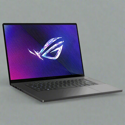 ASUS ROG Zephyrus G16 Laptop with RGB keyboard and OLED screen
Side profile of Zephyrus G16 showcasing slim build
Rear ventilation and ASUS ROG logo on lid