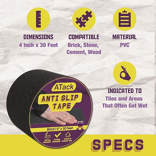 ATack Anti Slip Tape Black 4 Inch x 30 Feet Heavy Duty Non Slip Safety Grip Tape for Stairs and Outdoor Use - with | Sold by Uncle Wiener's Wholesale