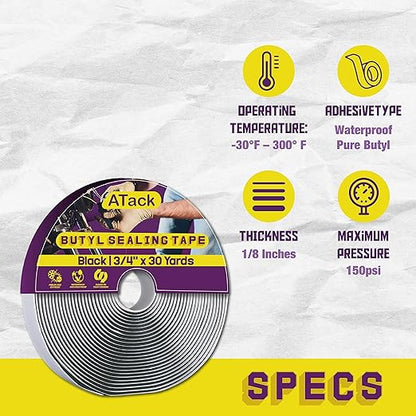 ATack Black Butyl Seal Tape 1/8 Inch x 3/4 Inch x 30 Foot Leak Proof Putty Tape for RV Window Boat and Glass Sealing - Construction Equipment with | Sold by Uncle Wiener's Wholesale