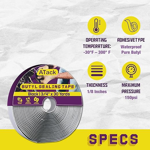 ATack Black Butyl Seal Tape 1/8 Inch x 3/4 Inch x 30 Foot Leak Proof Putty Tape for RV Window Boat and Glass Sealing - Construction Equipment with | Sold by Uncle Wiener's Wholesale