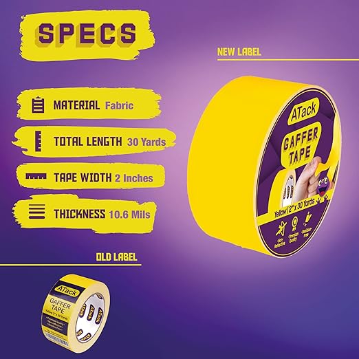 ATack & XFasten Professional Tape Collection – Mounting, Painter’s, Carpet, Gaffer & Aluminum Foil Tape Variants - with ATack Gaffer Tape – Yellow | Sold by Uncle Wiener's Wholesale