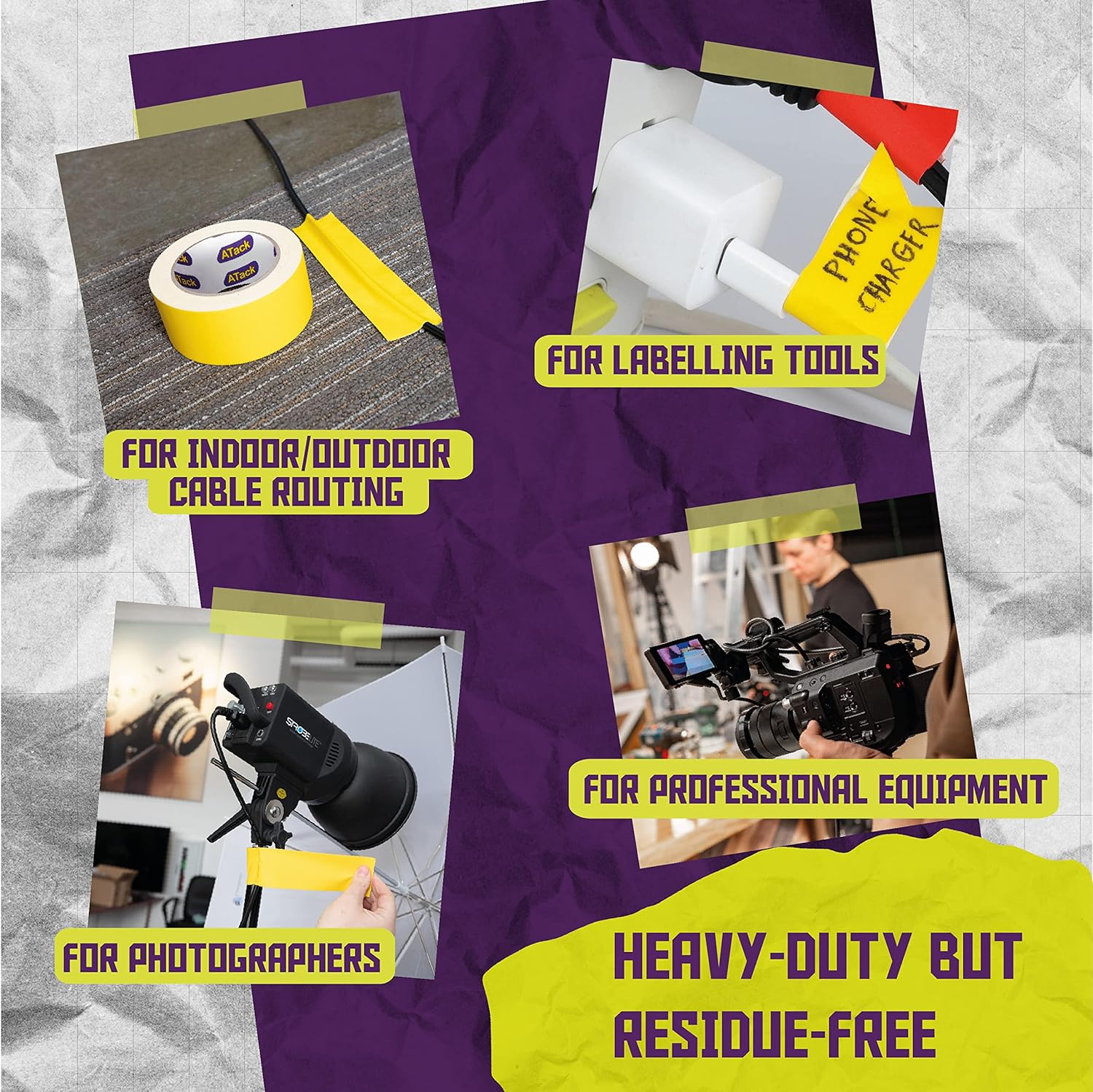 ATack & XFasten Professional Tape Collection – Mounting, Painter’s, Carpet, Gaffer & Aluminum Foil Tape Variants - with ATack Gaffer Tape – Yellow | Sold by Uncle Wiener's Wholesale