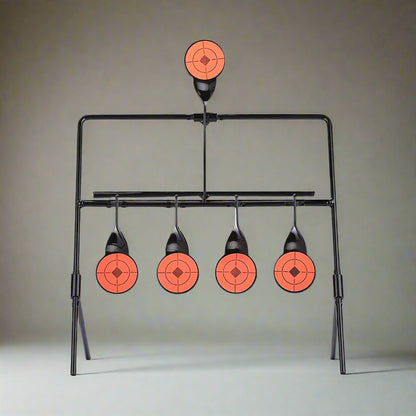 Close-up of auto-reset mechanism on .22 steel shooting target