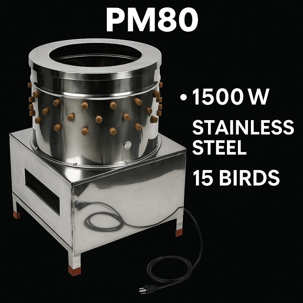 PM60 stainless steel automatic chicken plucker with top view

Inside of poultry plucker showing rubber fingers

PM80 large-capacity chicken plucker with waterproof housing

Stainless steel feather remover for farm use

Control box and motor housing on automatic chicken plucker
