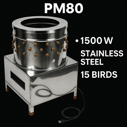 PM60 stainless steel automatic chicken plucker with top view

Inside of poultry plucker showing rubber fingers

PM80 large-capacity chicken plucker with waterproof housing

Stainless steel feather remover for farm use

Control box and motor housing on automatic chicken plucker