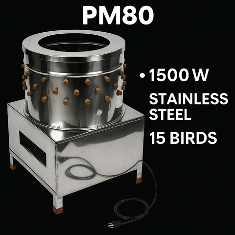 PM60 stainless steel automatic chicken plucker with top view

Inside of poultry plucker showing rubber fingers

PM80 large-capacity chicken plucker with waterproof housing

Stainless steel feather remover for farm use

Control box and motor housing on automatic chicken plucker