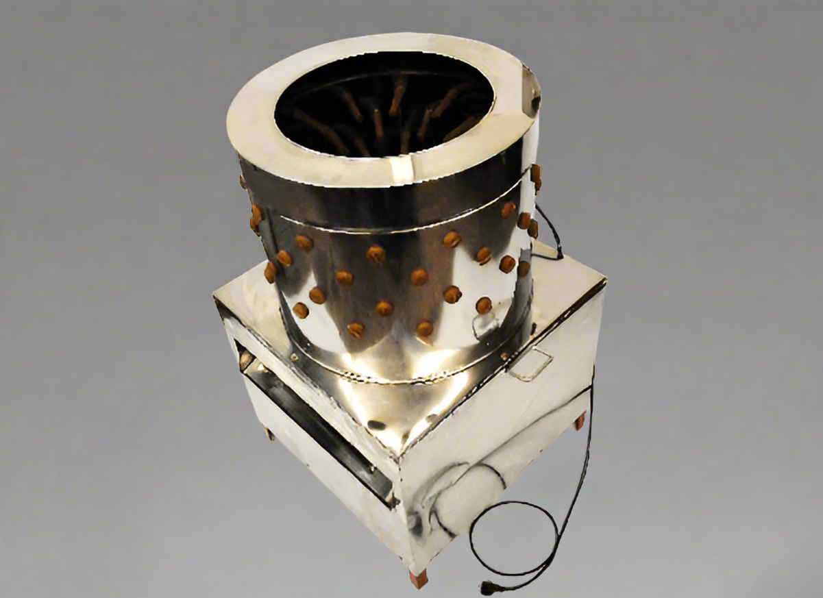 PM60 stainless steel automatic chicken plucker with top view

Inside of poultry plucker showing rubber fingers

PM80 large-capacity chicken plucker with waterproof housing

Stainless steel feather remover for farm use

Control box and motor housing on automatic chicken plucker