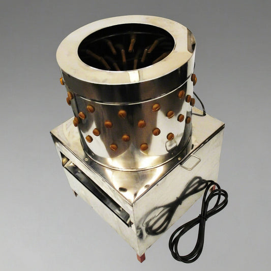 PM60 stainless steel automatic chicken plucker with top view

Inside of poultry plucker showing rubber fingers

PM80 large-capacity chicken plucker with waterproof housing

Stainless steel feather remover for farm use

Control box and motor housing on automatic chicken plucker