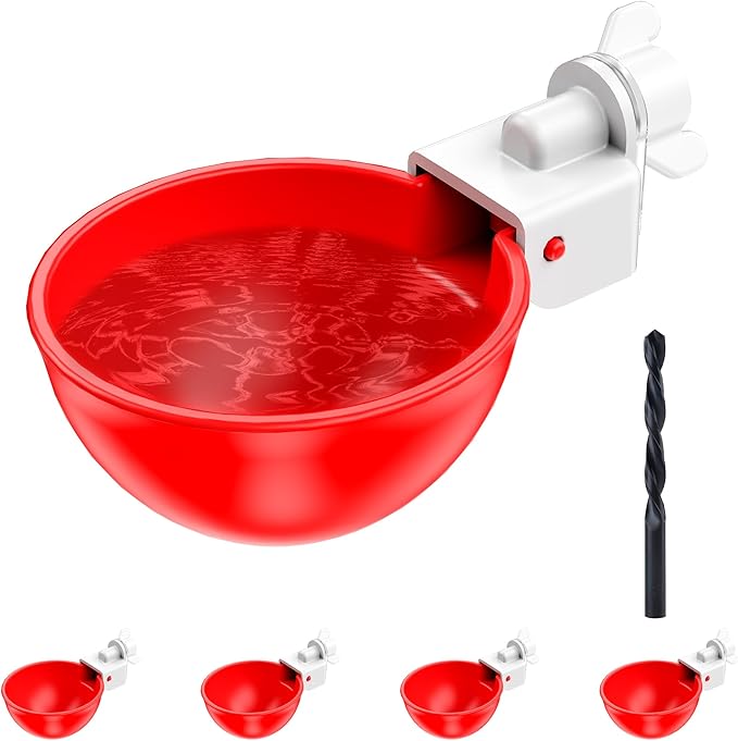 Automatic Chicken Water 5 Pack Cup with Insert Cup, Red Poultry Drinker with Drill Bit 4601C - with | Sold by Uncle Wiener's Wholesale