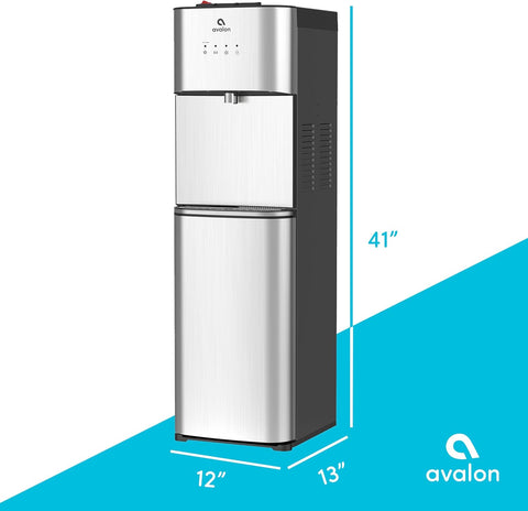 Avalon bottom load water dispenser with stainless steel finish – front view
3 temperature water dispenser – Avalon bottom load cooler with nightlight
Self-cleaning Avalon water dispenser – UL/Energy Star certified
Hot, cold, and room temperature Avalon dispenser – with child safety lock