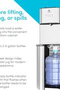 Avalon bottom load water dispenser with stainless steel finish – front view
3 temperature water dispenser – Avalon bottom load cooler with nightlight
Self-cleaning Avalon water dispenser – UL/Energy Star certified
Hot, cold, and room temperature Avalon dispenser – with child safety lock