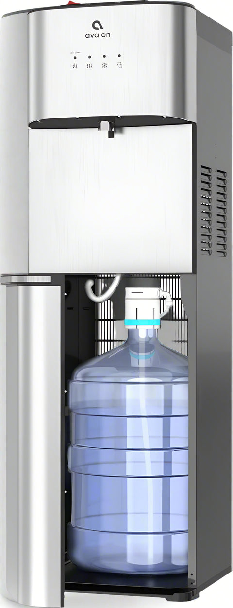 Avalon bottom load water dispenser with stainless steel finish – front view
3 temperature water dispenser – Avalon bottom load cooler with nightlight
Self-cleaning Avalon water dispenser – UL/Energy Star certified
Hot, cold, and room temperature Avalon dispenser – with child safety lock