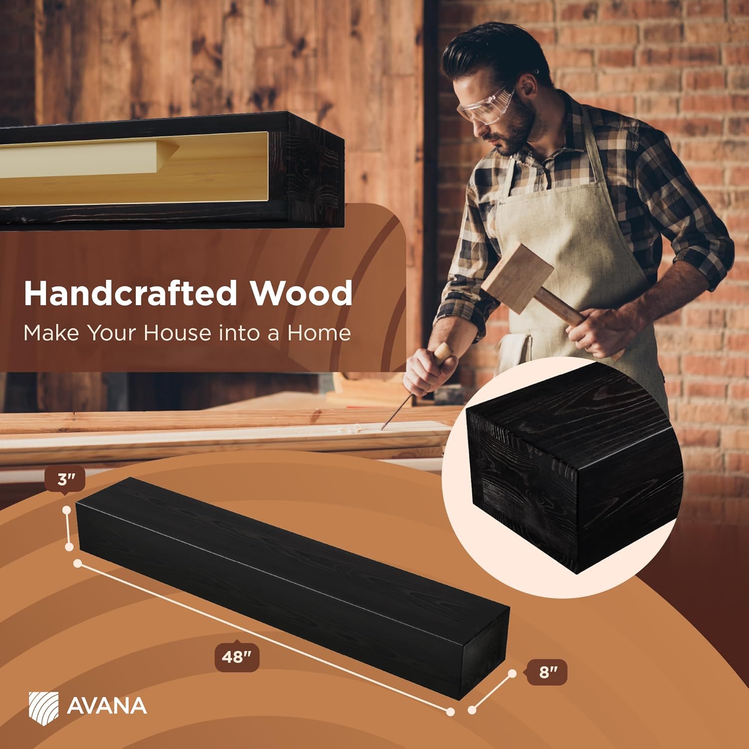 Avana Handcrafted Fireplace Mantle – Natural Wood, Espresso Finish (48" x 8" x 3") - with | Sold by Uncle Wiener's Wholesale
