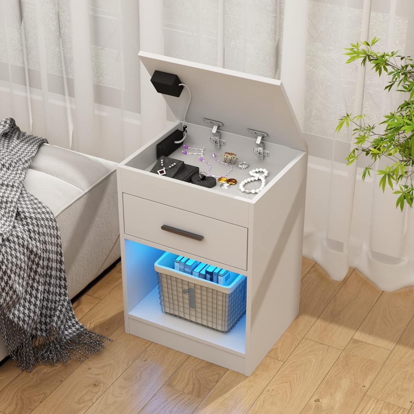 Smart Night Stand Bedside Table with Charging Station LED Lights and Lock White / Black BT034W