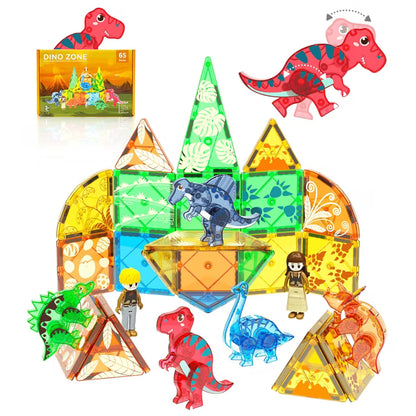 Asago Dinosaur Magnetic Tiles 65-Piece Building Set – STEM Magnetic Construction Blocks with 5 Dinosaur Figures for Kids