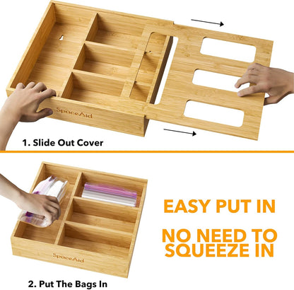 Bamboo Bag Storage Organizer 4 Slot Kitchen Drawer Ziplock Organizer S1359 - with | Sold by Uncle Wiener's Wholesale
