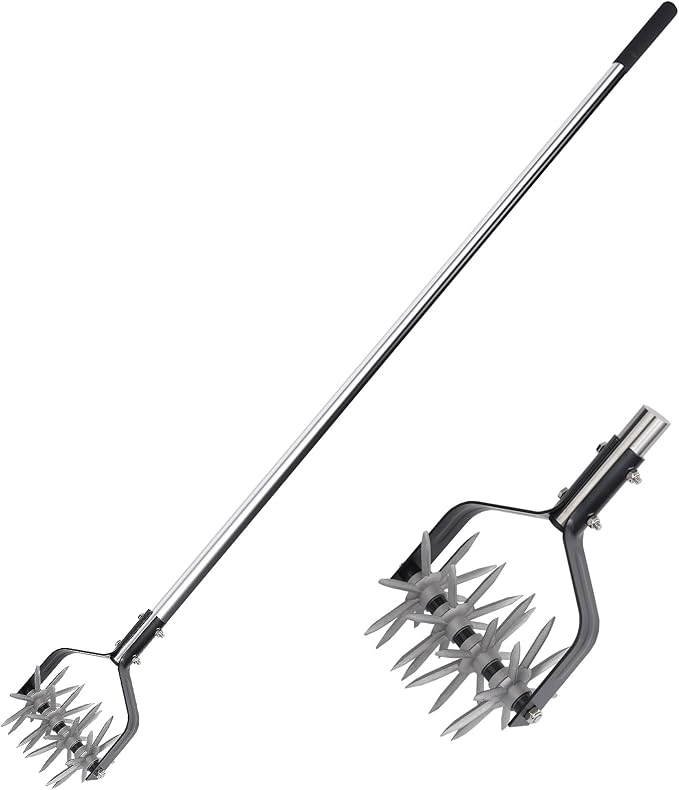 BARAYSTUS Rotary Garden Cultivator Tool – Adjustable 57-Inch Manual Hand Tiller with Stainless Steel Handle & 4 Star Wheels for Soil Aeration, Weeding, Planting & Lawn Reseeding - Garden & Landscaping with | Sold by Uncle Wiener's Wholesale