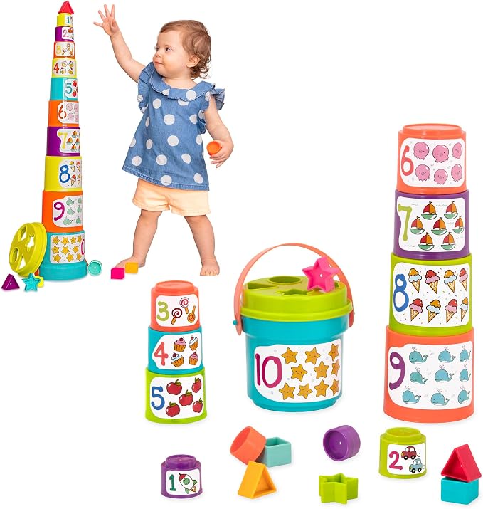 Battat Sort & Stack Educational Stacking Cups & Shape Sorter – 19-Piece Toddler Learning Toy with Numbers, Colours & Shapes - Toys with | Sold by Uncle Wiener's Wholesale
