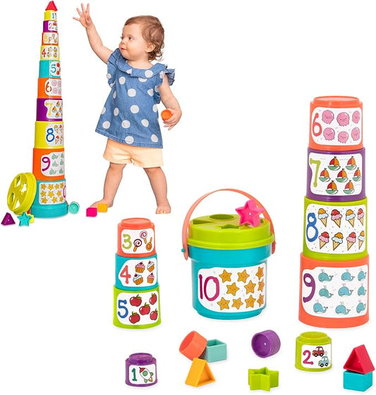 Battat Sort & Stack Educational Stacking Cups & Shape Sorter – 19-Piece Toddler Learning Toy with Numbers, Colours & Shapes - Toys with | Sold by Uncle Wiener's Wholesale