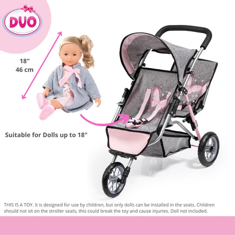 Bayer - Twin Dolls Pram Duo Grey Pink Butterfly - Double Stroller for Dolls, Sun Canopy, Security Belt - Dolls Up to 18” - Age 3+ - 39133AA - with | Sold by Uncle Wiener's Wholesale
