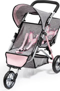 Bayer - Twin Dolls Pram Duo Grey Pink Butterfly - Double Stroller for Dolls, Sun Canopy, Security Belt - Dolls Up to 18” - Age 3+ - 39133AA - with | Sold by Uncle Wiener's Wholesale
