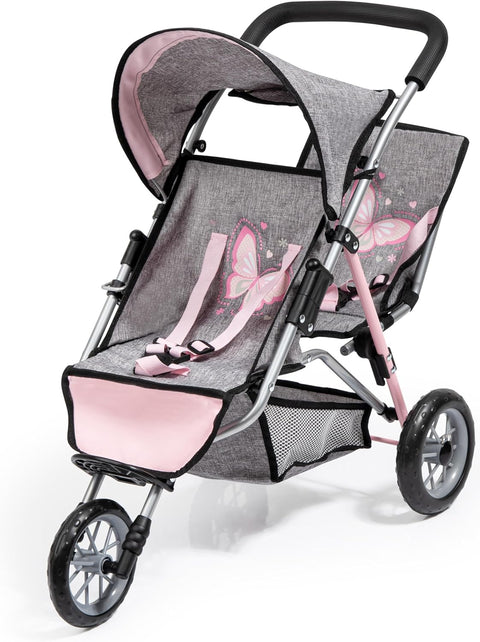 Bayer - Twin Dolls Pram Duo Grey Pink Butterfly - Double Stroller for Dolls, Sun Canopy, Security Belt - Dolls Up to 18” - Age 3+ - 39133AA - with | Sold by Uncle Wiener's Wholesale