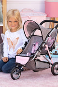 Bayer - Twin Dolls Pram Duo Grey Pink Butterfly - Double Stroller for Dolls, Sun Canopy, Security Belt - Dolls Up to 18” - Age 3+ - 39133AA - with | Sold by Uncle Wiener's Wholesale
