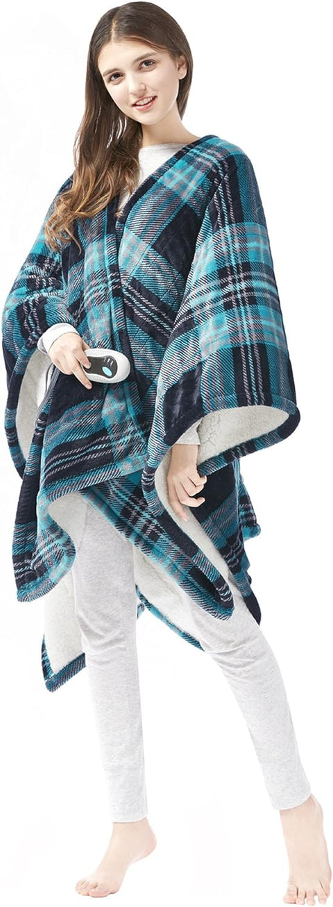 Beautyrest Heated Throw Blanket Wearable Shawl for Gifts, Sherpa to Fleece Electric Wrap Poncho, Auto Shut Off, Virtually No EMF, 3 Heat Level, UL Certified, Machine Wash, Aqua Plaid 50"x64" - with | Sold by Uncle Wiener's Wholesale