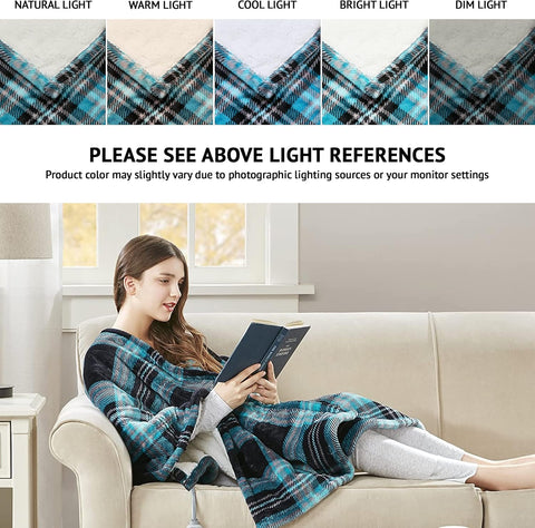 Beautyrest Heated Throw Blanket Wearable Shawl for Gifts, Sherpa to Fleece Electric Wrap Poncho, Auto Shut Off, Virtually No EMF, 3 Heat Level, UL Certified, Machine Wash, Aqua Plaid 50"x64" - with | Sold by Uncle Wiener's Wholesale