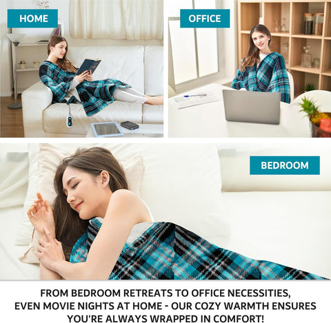 Beautyrest Heated Throw Blanket Wearable Shawl for Gifts, Sherpa to Fleece Electric Wrap Poncho, Auto Shut Off, Virtually No EMF, 3 Heat Level, UL Certified, Machine Wash, Aqua Plaid 50"x64" - with | Sold by Uncle Wiener's Wholesale