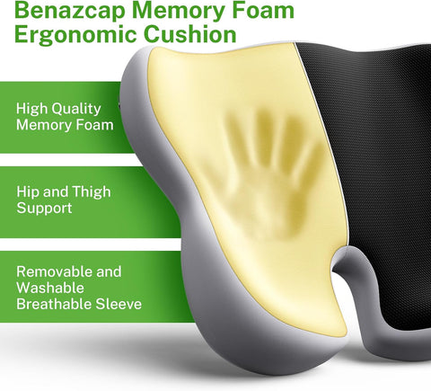 Benazcap Large Seat Cushion Memory Foam Office Chair Cushions,Back Support Pressure Relief for Seat Pads,Upgraded Seat Cushions for Tailbone Pain Relief Cushion for Car/Wheelchair Black Gray - with | Sold by Uncle Wiener's Wholesale
