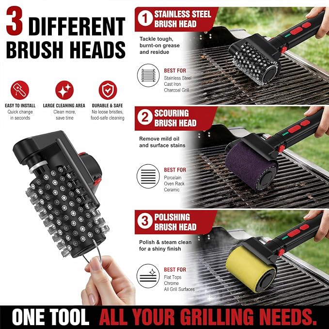 Bermoso Cordless Electric Grill Brush & BBQ Cleaner – 3-Speed 280–480 RPM, 3 Interchangeable Heads, 5000mAh Battery, 150-Min Runtime, Waterproof USB-C Rechargeable - Kitchen Appliances with | Sold by Uncle Wiener's Wholesale