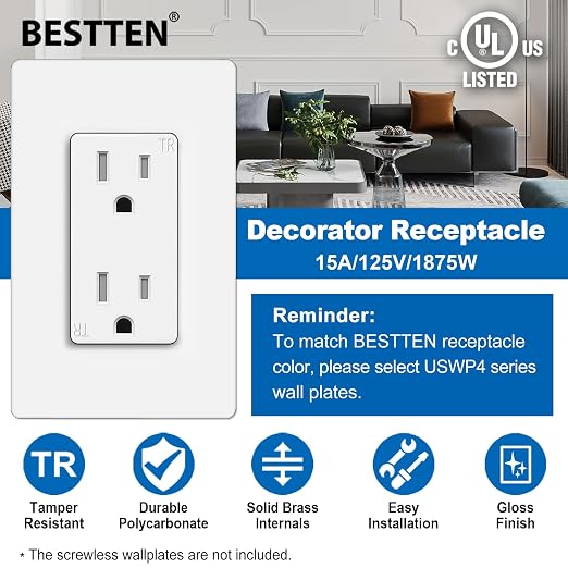 BESTTEN 15 Amp Tamper-Resistant Decorator Electrical Outlets – 125V 1875W Duplex Wall Receptacles, White, 10-Pack - Home products with | Sold by Uncle Wiener's Wholesale