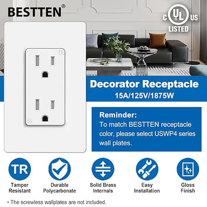 BESTTEN 15 Amp Tamper-Resistant Decorator Electrical Outlets – 125V 1875W Duplex Wall Receptacles, White, 10-Pack - Home products with | Sold by Uncle Wiener's Wholesale